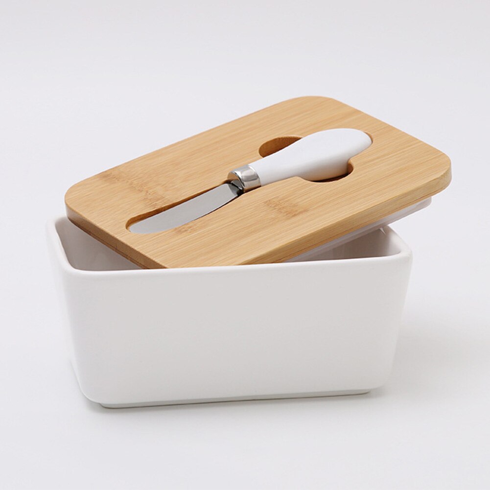 Sealing Kitchen Keeper Ceramic Nordic Style Plate Tool Container Dish With Wood Lid Cheese Food Butter Box Storage Tray