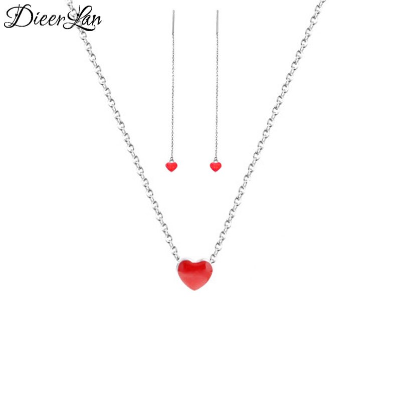 DIEERLAN Arrivals 925 Sterling Silver Red Heart Earrings Necklaces Pendant Jewelry Sets for Women Wedding Statement Jewelry: Default Title