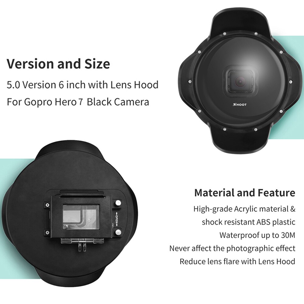 SHOOT Buceo cúpula puerto de 6 pulgadas para Gopro Hero 7 6 5 Cámara deportiva negra con carcasa impermeable para Gopro 7 6 Go Pro accesorio