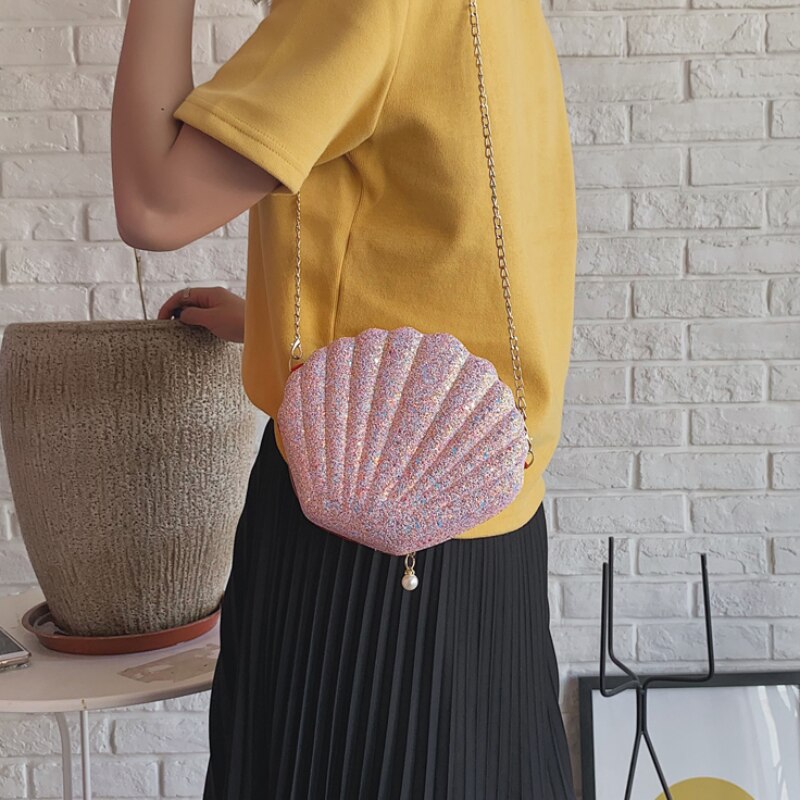 Paillettenbesetzte schultertasche mit kette für damen, handtasche aus pu-leder, niedliche muschelform, mini-tasche, bolsa feminina messenger bag