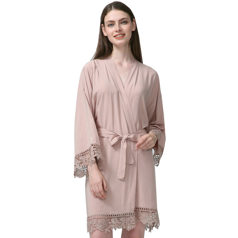 YUXINBRIDAL champagne Solid Cotton Kimono Robes with Lace Trim Women Wedding Bridal Robe Bathrobe Sleepwear White