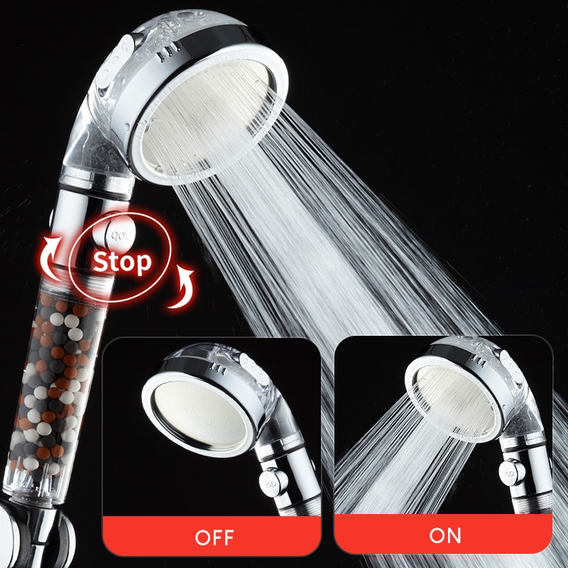 VEHHE 3 Modes Adjustable High Pressure Anion Filter Hand Shower Head On/Off One Button to stop Water Saving Shower Head