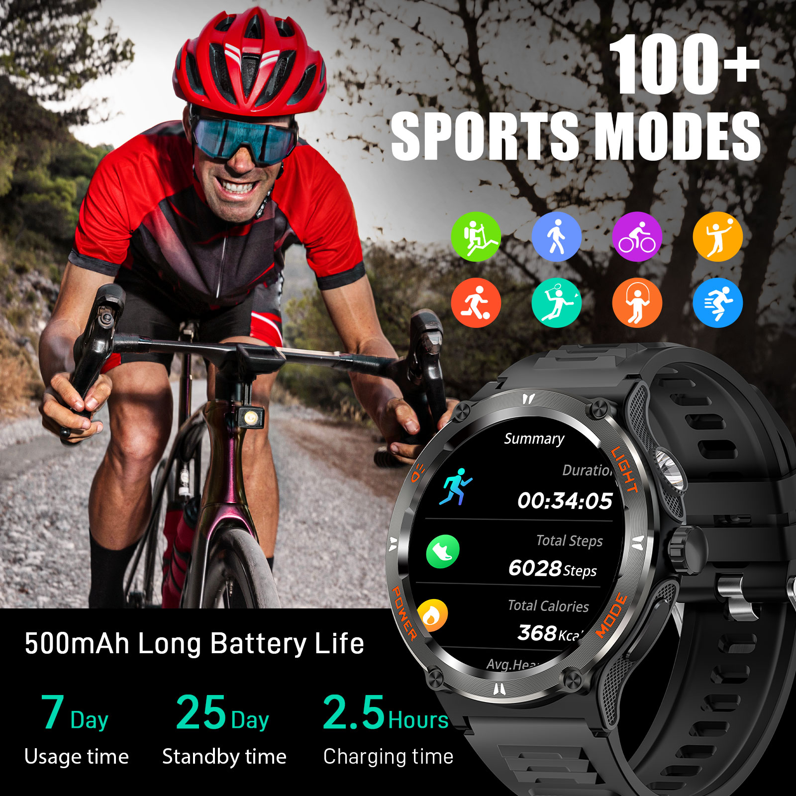 EIGIIS Relógios Inteligentes para Homens com Lanterna LED para Sono Pedômetro de Freqüência Cardíaca Esporte ao Ar Livre Rastreador de Fitness para iPhone Android