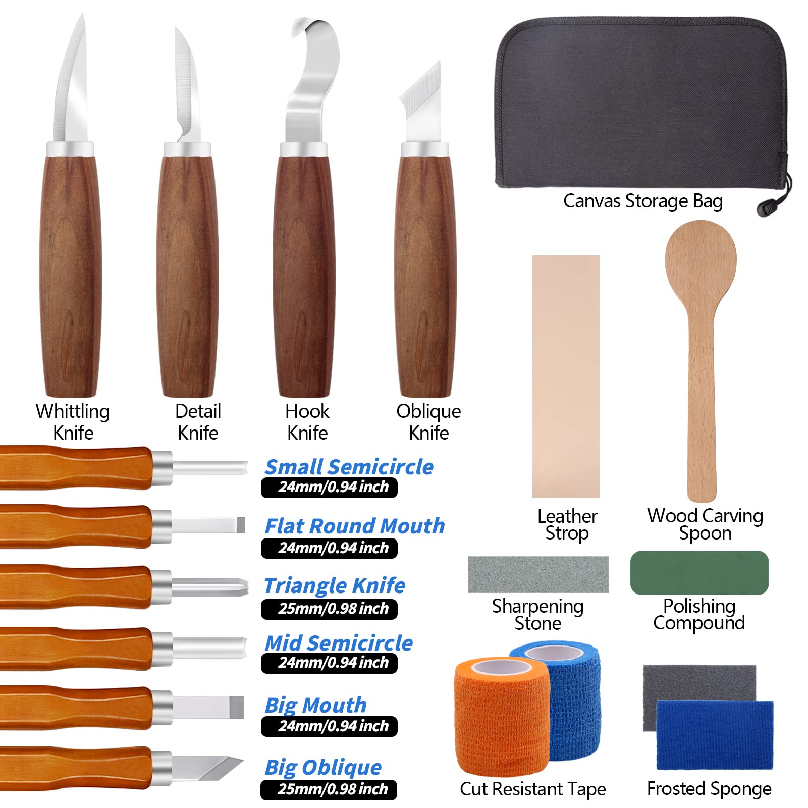19 Stuks Houtsnijwerk Gereedschap Set Handsnijwerk Mes Hout Lepel Whittling Kit Voor Beginners Professionele Volwassenen Houtbewerking Diy
