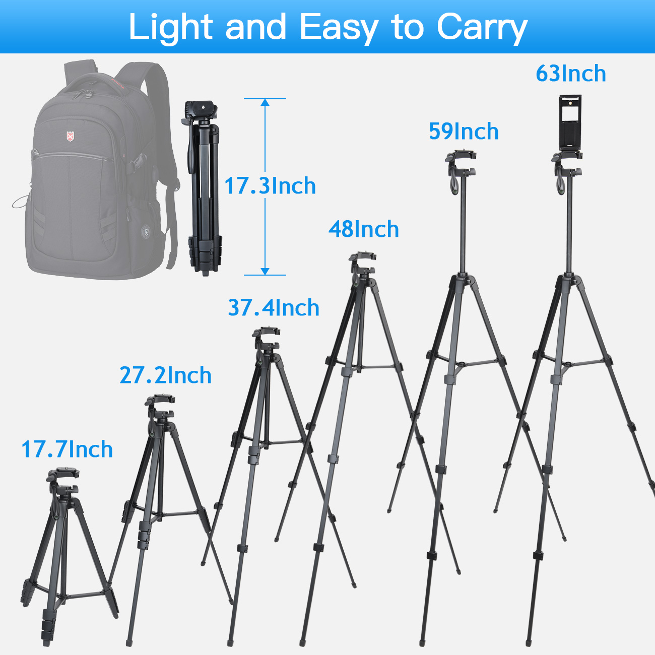 Tripod for Camera Tablet 60-Inch/150cm Aluminum Phone Tripod for Phone /iPad/ DSLR Camera with remote control Mount Holder