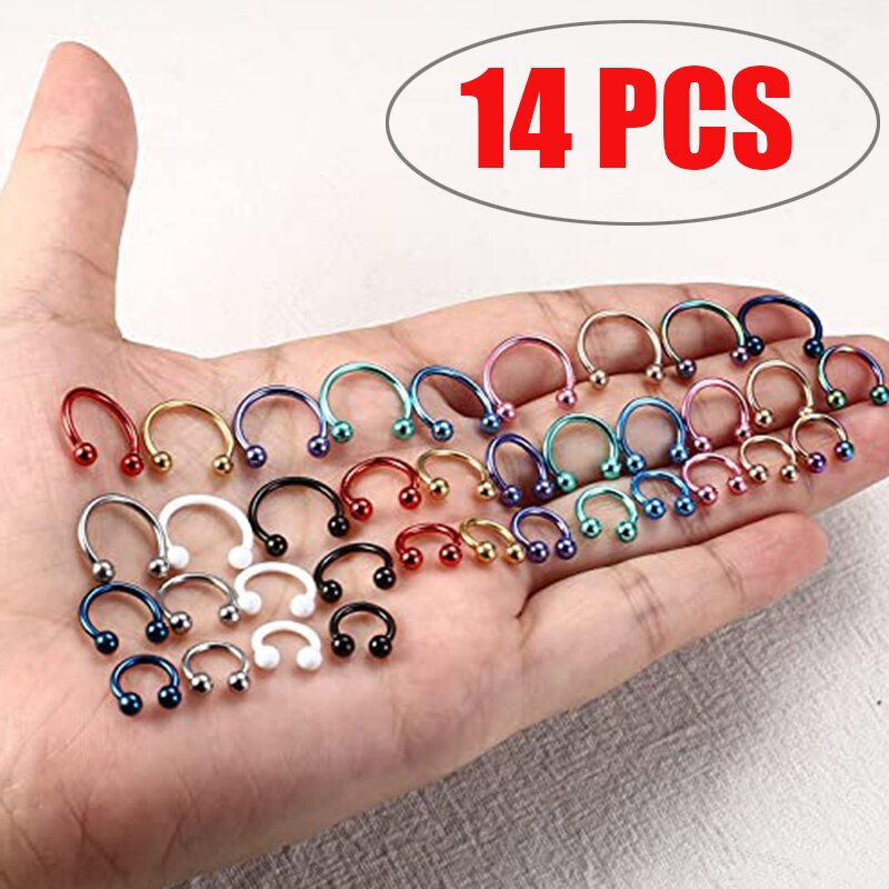 14Pcs Cone Spike Horseshoe Circular Septum Nose Ring Surgical Steel Nipple Hoops Eyebrow Ear Piercing Body Jewelry