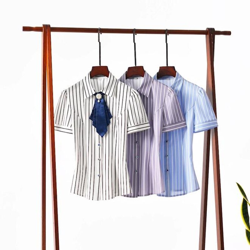 elegante fliege Frauen hemd OL Sommer formale kurzarm dünne Chiffon-streifen bluse büro damen Plus größe arbeiten Spitzen