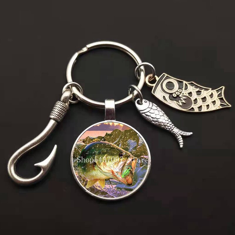 LLavero de maestro de pesca a la , llavero con anzuelo, llavero con cúpula de cristal, llavero de pescador I Love Fishing Fish, llave colgante: Castaño