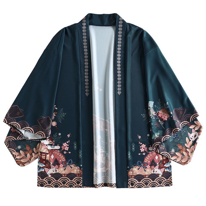 Elskere japansk stil kimono harajuku mænd kvinder cardigan badekåbe traditionelt japansk tøj asiatisk tøj skjorte top kimono: Mørkegrøn