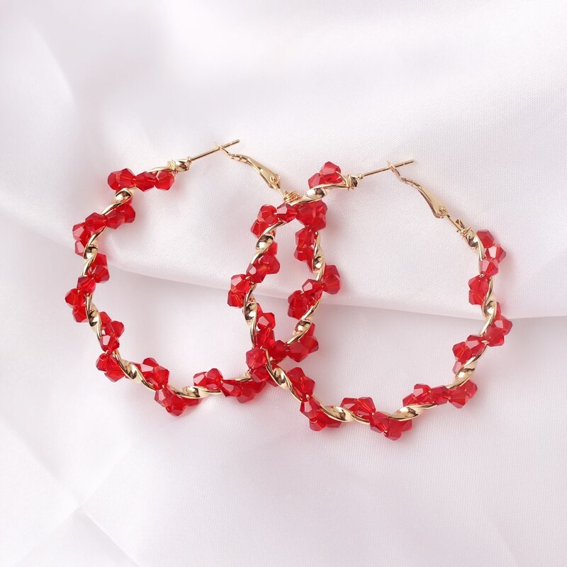 Charm Acryl Kristal Kralen Hoepel Oorbellen Voor Vrouwen Shiny Cirkel Grote Brincos Rood Roze Kleur Bohemian Bruiloft Sieraden: es3657