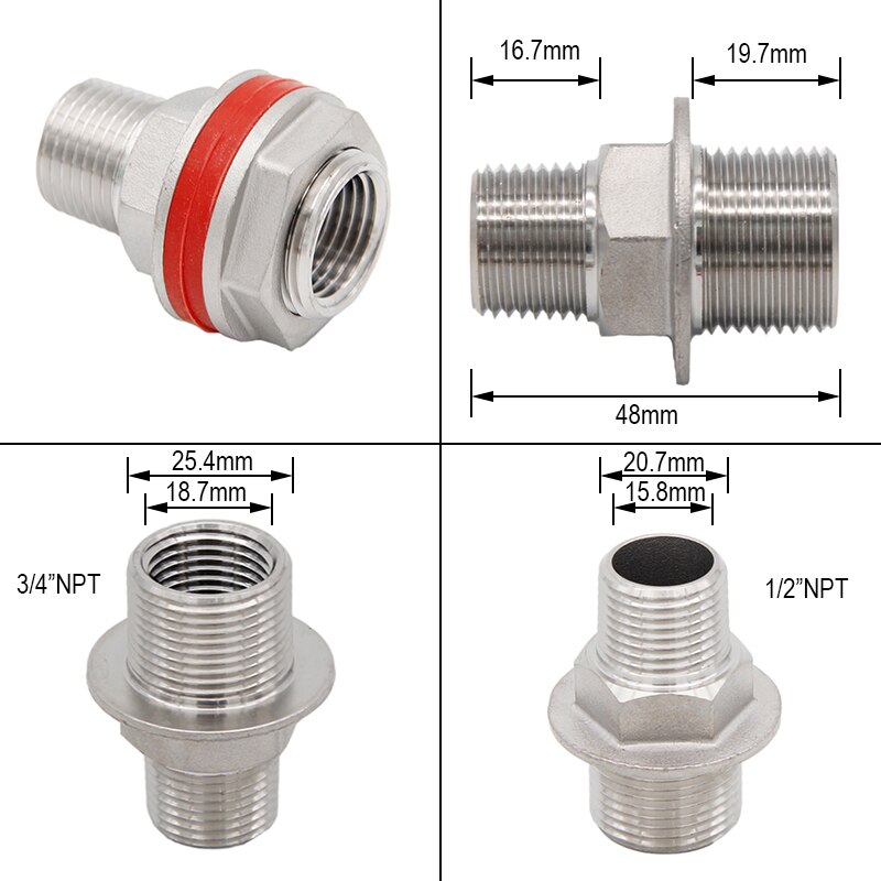 Heavy Duty Weldless Bulkhead - 1/2" Male NPT x 1/2"Female NPT Stainless Steel Homebrew Kettle Keg