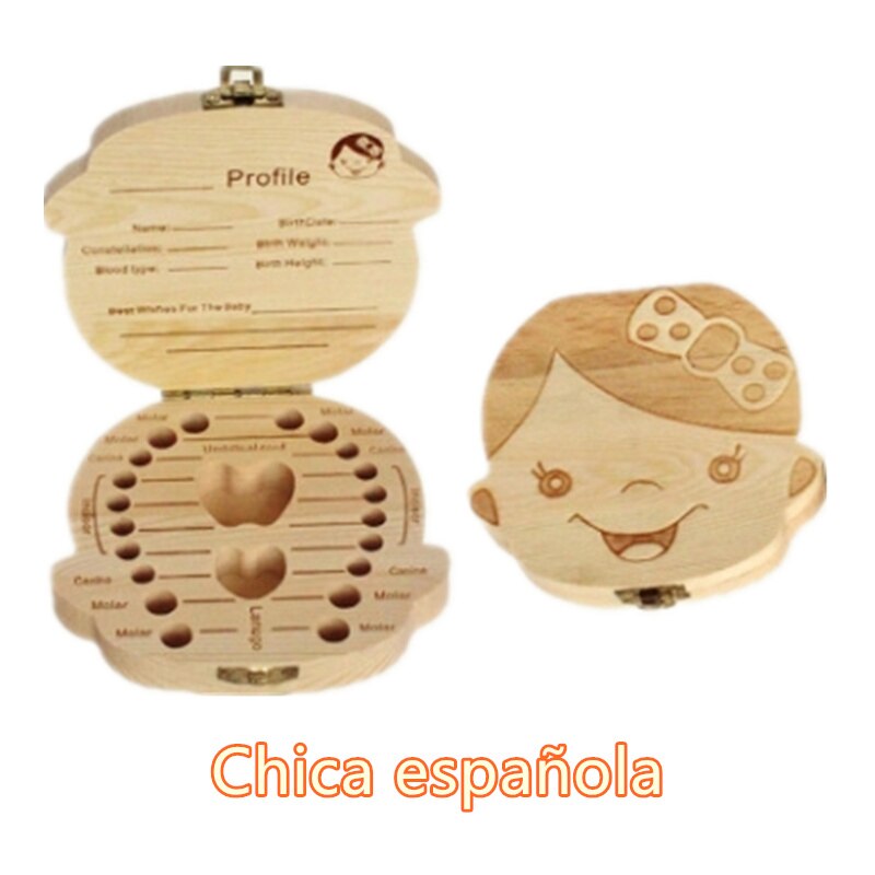 Babymelk Tanden Doos Spaans Engels Russion Baby Hout Tand Doos Baby Tand Organizer Kids Bladverliezende Opslag Verzamelen Houten Doos: Spanish For Girl