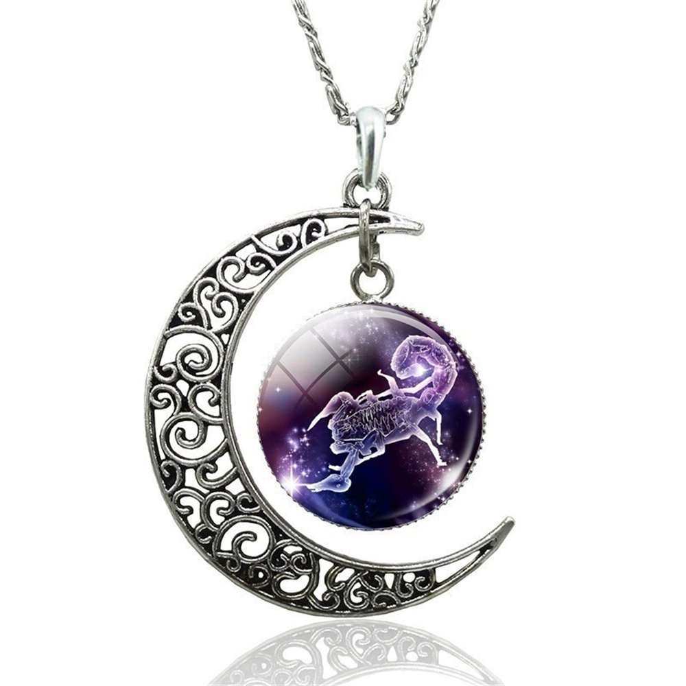 Collar de 12 constelaciones de astrología y horóscopo, colgante de cristal de Luna, collar del zodiaco para mujeres y hombres, de joyería de cumpleaños: PLATEADO