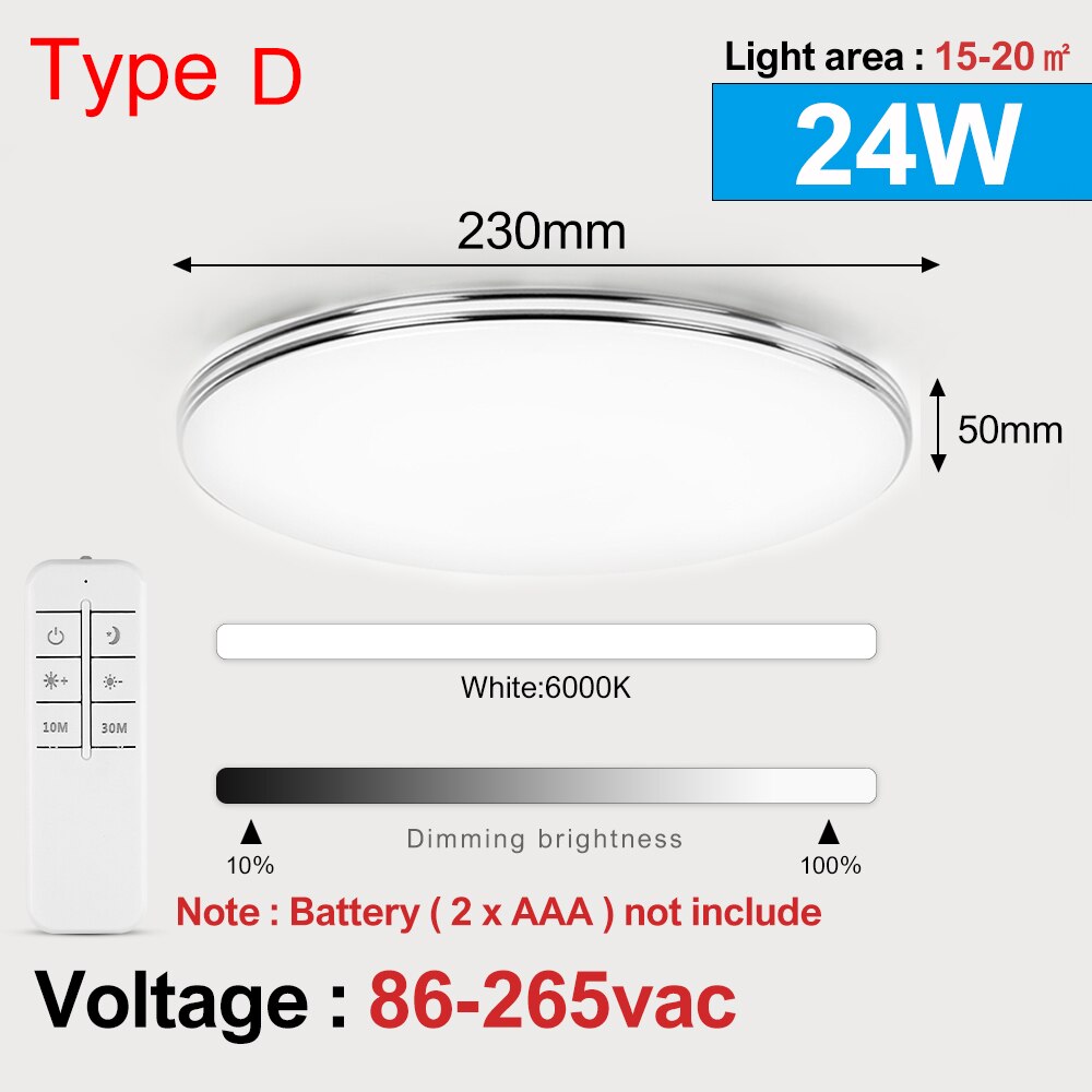 Smart LED Ceiling Light Lamp Brightness Dimmable 24W AC110V/220V For Bedroom Living Room Modern Ultra Thin Ceiling Light Lamp: Type D Only White