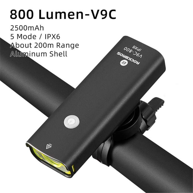 ROCKBROS LED Bike Light USB Oplaadbare Fiets Licht Regendicht Aluminium Ultralight Zaklamp 2000mAh MTB Voorlamp Koplamp: V9C-800