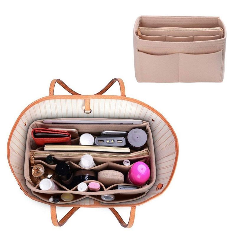 Multi Pocket Vilt Purse Handtas Organizer Insert Opslag Tote Shaper Stof Tas
