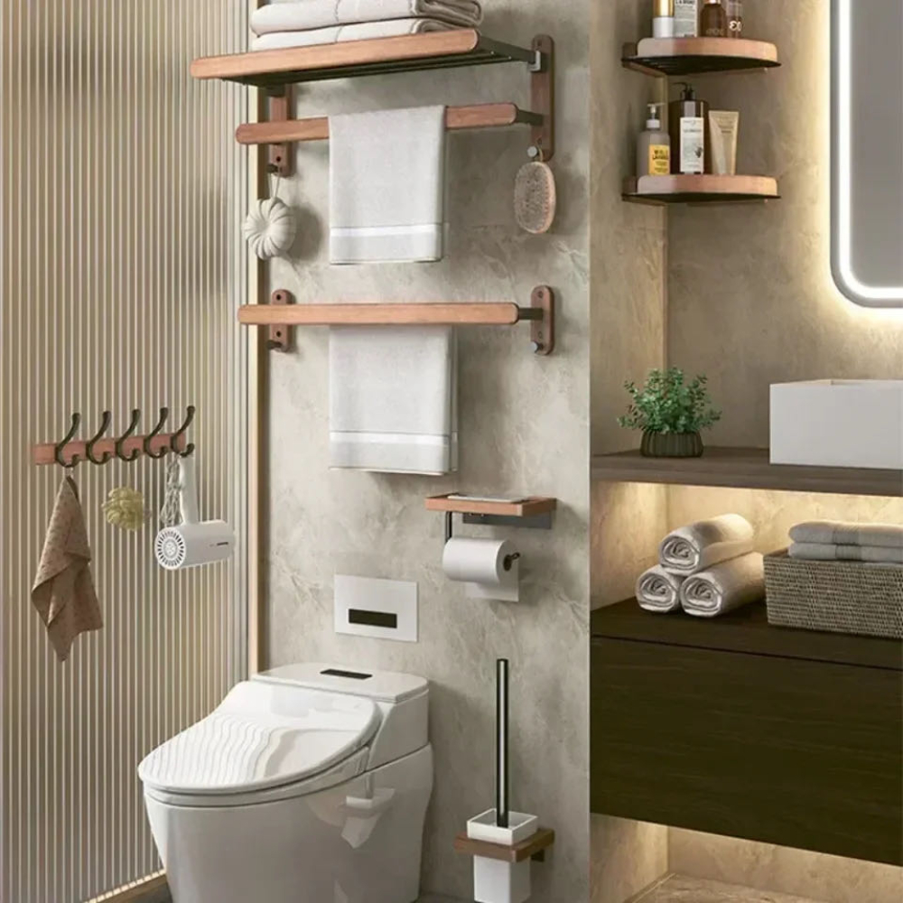 Juego de accesorios de baño de madera de nogal negro, toallero de baño, soporte de papel higiénico, estante de barra de toalla, accesorios de baño