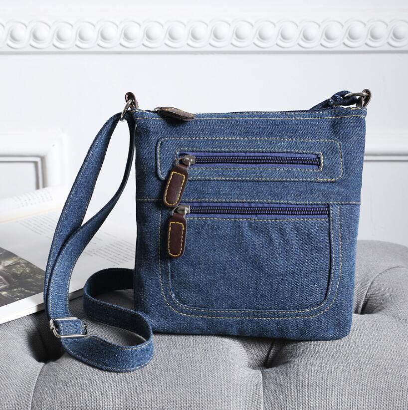 Voorzijde dubbele ritsen schoudertas katoen denim cross body bag lady jeans messenger bag vrouw kleine tas: Default Title