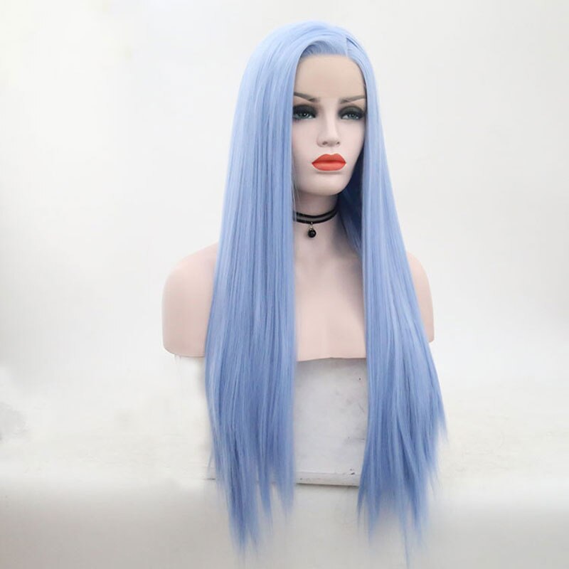 Bombshell Sky Blue Long Straight Synthetic Hair Lace Front Wig Heat Resistant Fiber Natural Hairline Side Parting For Women Wigs