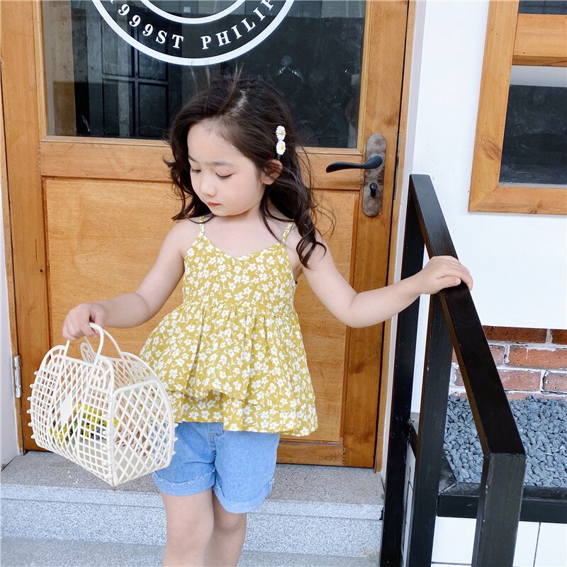 Wlg piger bluse børn sommer blomsterprint gul strop skjorter baby pige søde toppe til 1-6 år: 3t