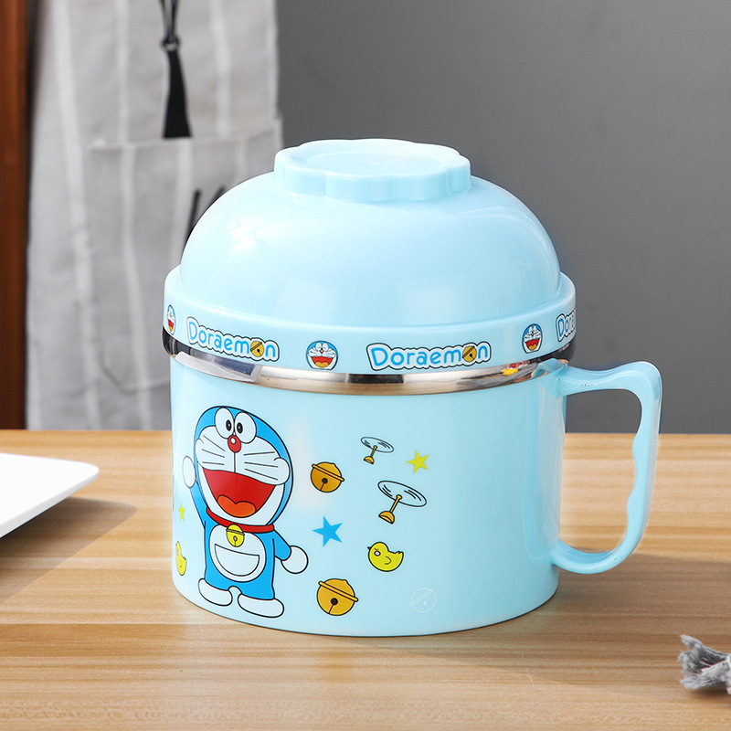 Cartoon Soepkom Instant Rvs Noodle Kom Met Deksel Met Handvat Voedsel Container Rijst Vessel Lunchbox Thuis Accessoire: Blauw