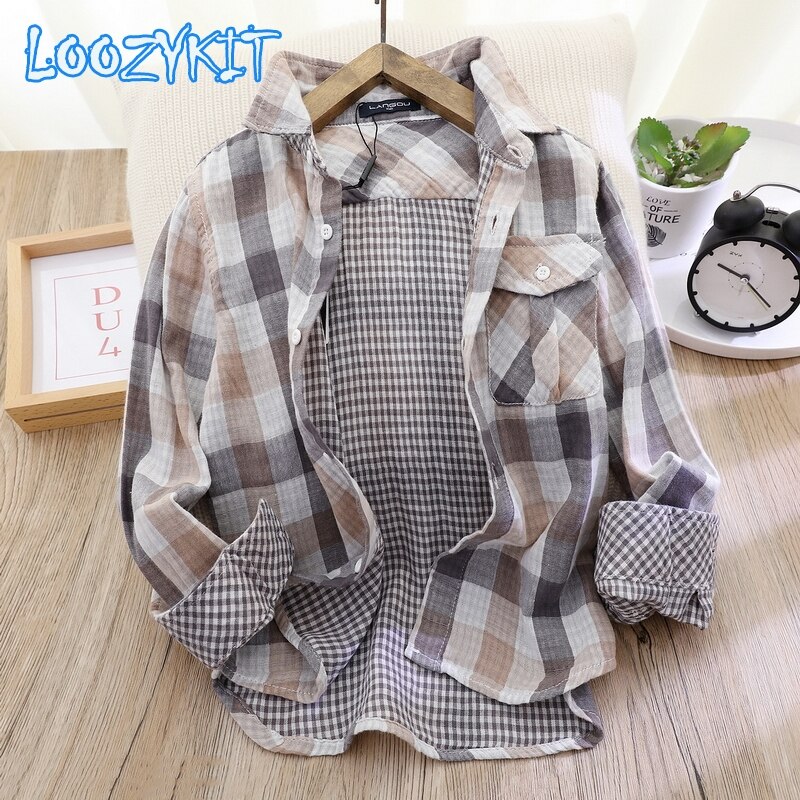 Chemise à carreaux en coton pour enfants, manches longues, pour garçons et filles,: Grey / 120cm