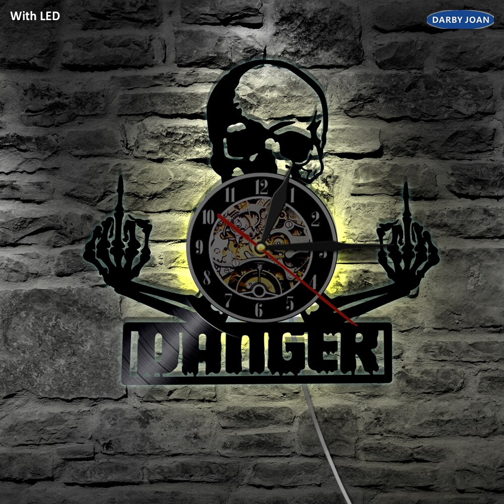 Mittelfinger Schädel LED-beleuchtung Wanduhr Dämon gotisch Punk Schädel Farbwechsel Wandleuchte Vinyl Fernbedienung