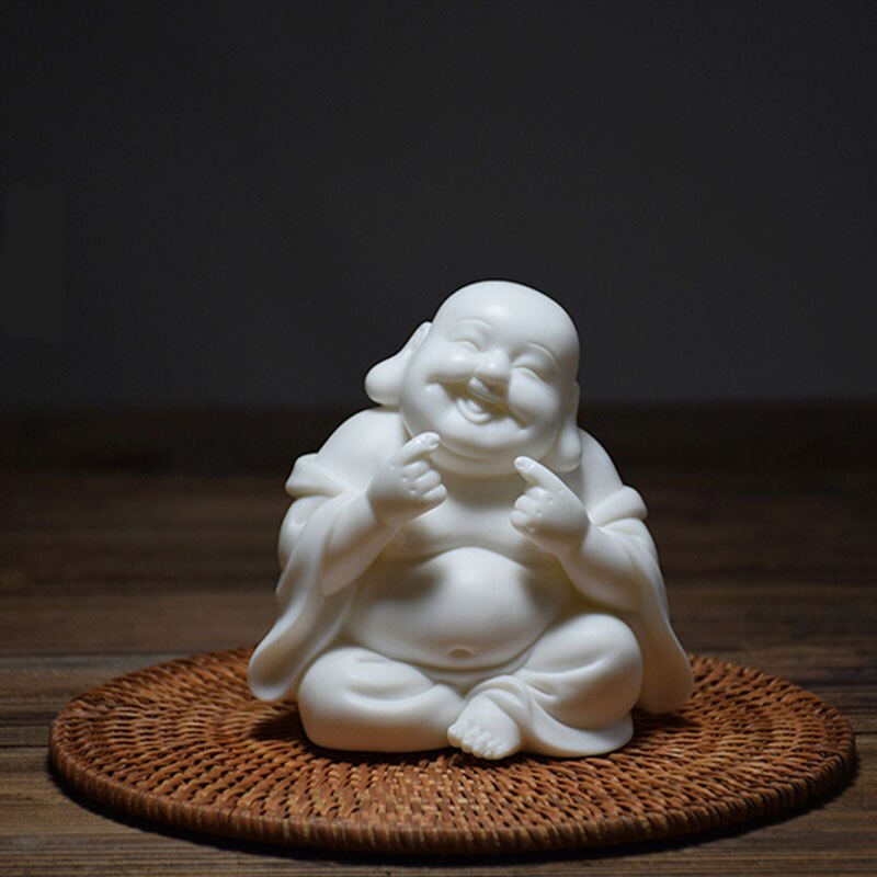 Skrattande buddha keramik maitreya buddha staty, vit porslin modern konst skulptur buddha, heminredning lycklig liten munk