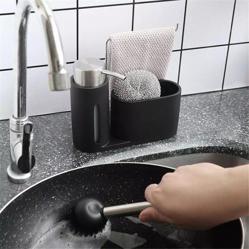 Kit de nettoyage pour évier, caddie de cuisine avec distributeur de savon, boule en acier et brosse, groupe de nettoyage noir pour l&#39;organisation de la cuisine
