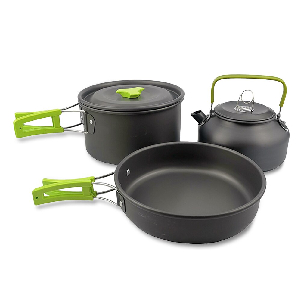 14/3 PCS Camping Cookware Outdoor Aluminum Portable Cookware Kettle 2-3 People Hiking Anti-scald Equipment Spoon Frying Pan: Green B