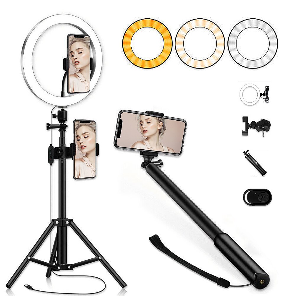 2 In 1 360 Graden Rotatie Ring Licht Telefoon Clip Intrekbare Statief Selfie Stok