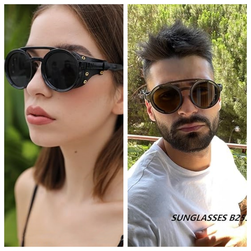 Cool&Ku Retro Round Steampunk Sunglasses Women Men Vintage Eyewear Light Plastic Frame with Leatherwear