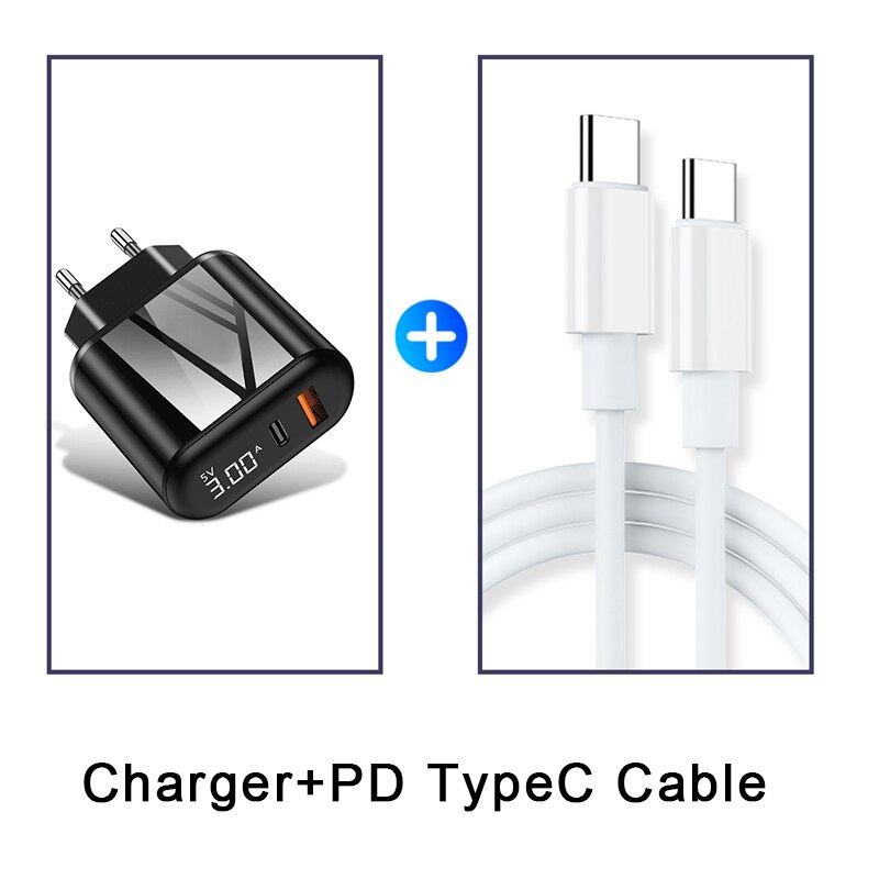 Schnell Ladung USB Ladegerät QC 3,0 PD Schnelle Ladung LED-anzeige praktisch Ladegerät Adapter Für iPhone Samsung EU UNS stecker Typ C: EU PD C-C Kabel