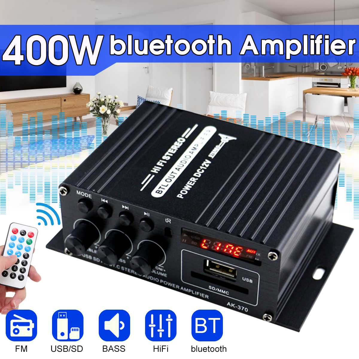 AK370 400W 2*200W HIFI Car Stereo Audio Power Amplifier bluetooth Subwoofer Bass Car Home Sound Speaker FM USB SD Remote Control