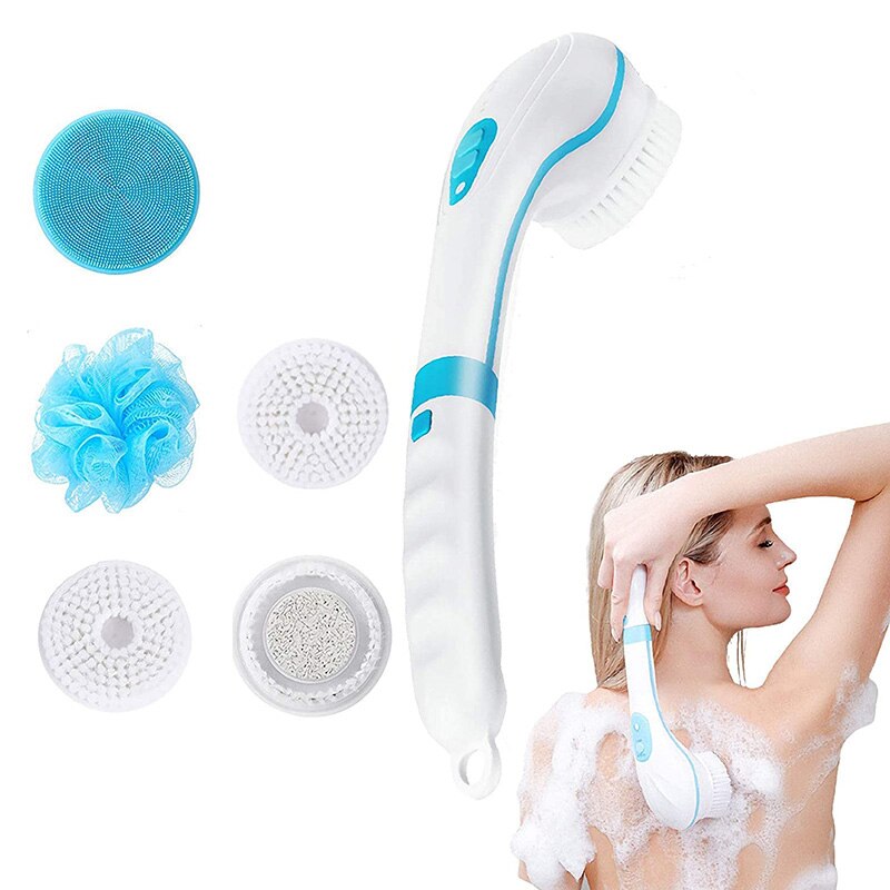5 in 1 elektriske badebørster silikone håndholdt massagebrusebørste usb vandtæt langt håndtag kropsrensende eksfolierende værktøj