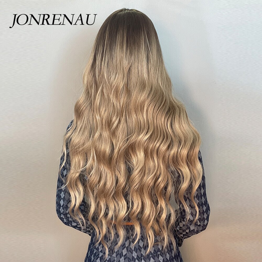 JONRENAU Long Wavy Brown to Light Brown Ombre Synthetic Wigs Partial Fringe Natural for Women Daily Party Wig Heat Resistant