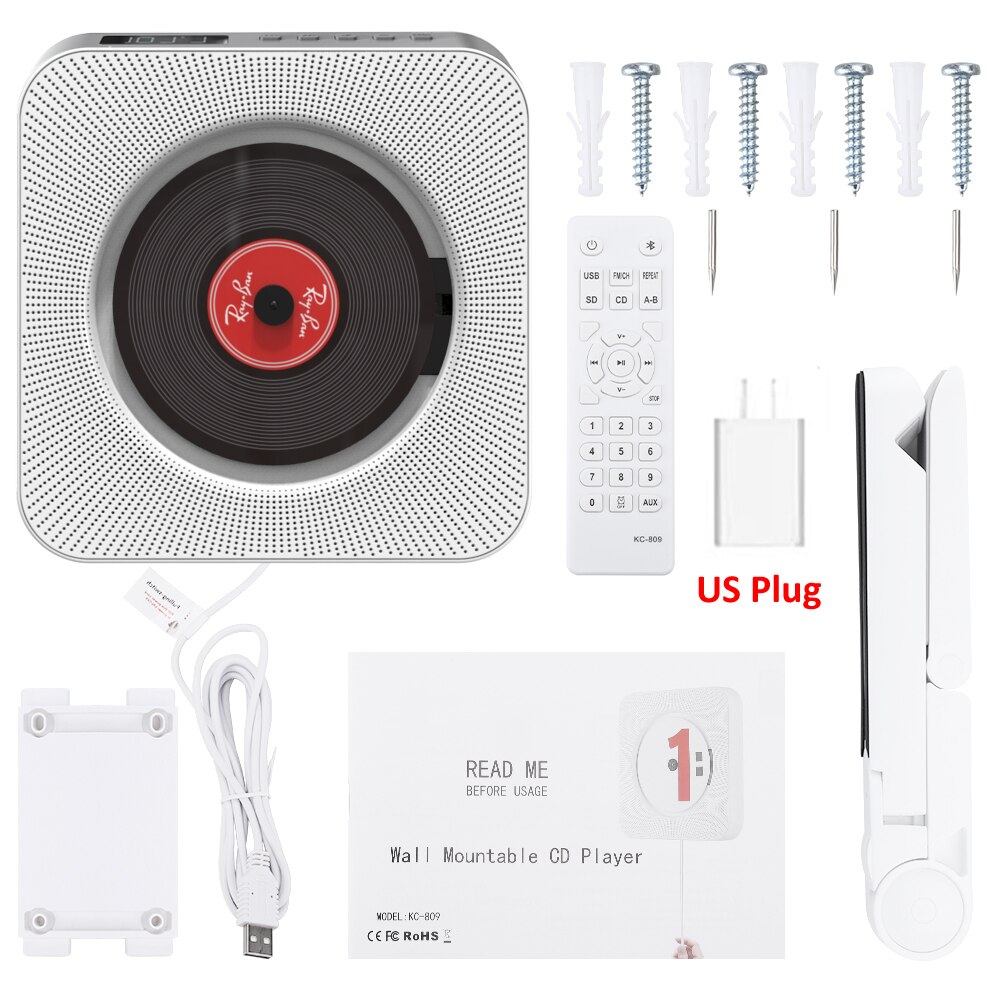 ELECTOP Wall Mounted CD Player Surround Sound FM Radio Bluetooth USB MP3 Disk Music Player Remote Control Stereo Speaker Home: White with US Plug