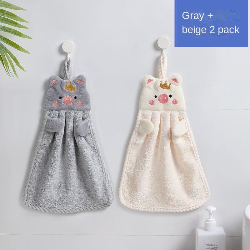 2 Pcs Cute Children's Handkerchief Towels Hanging Thickened Pure Cotton Absorbent Bathroom Face Wash Towel Kitchen Accessories: gray beige-send hook