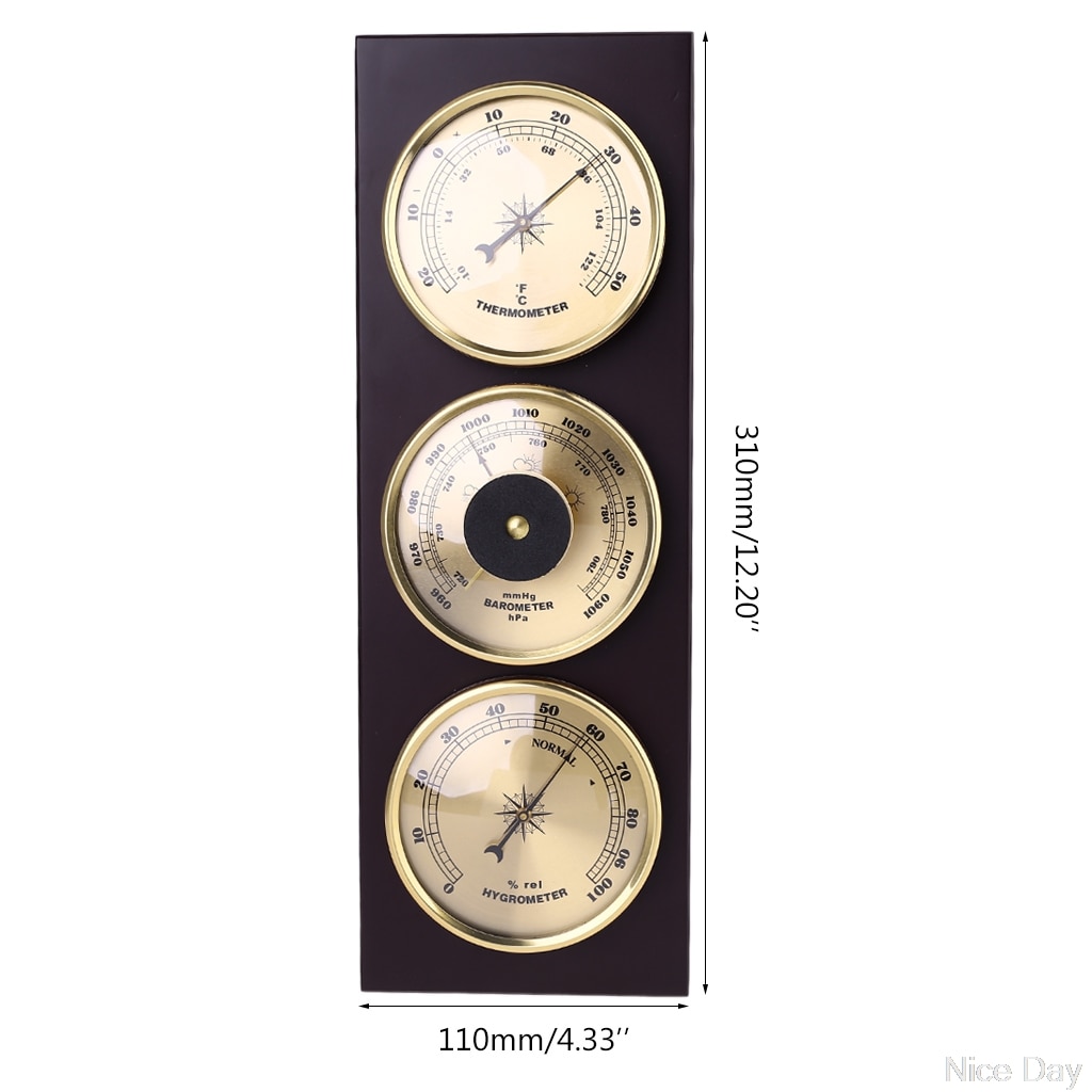 3Pcs/Set Barometer Hygrometer Thermometer Weather Station with Wooden Frame Base Ornaments 31cm x 11cm Ju19 20