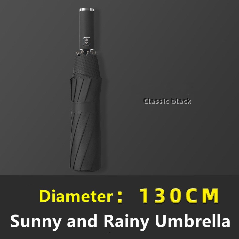 Paraguas plegable de gran tamaño para hombre, sombrilla de viaje a prueba de viento y resistente a la lluvia, 3 pliegues, 130cm: Black