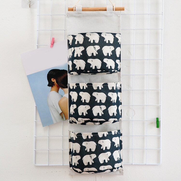Wall Mounted Storage Bag with 3 Pockets Linen Fabric Waterproof Wall Door Closet Hanging Organizer for Bedroom Bathroom NIN668