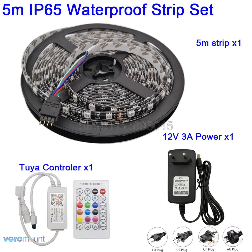 12V 5050 Black PCB Flexible RGB LED Strip 60LED/M+ Tuya Smartlife Wifi Controller Alexa Google Home Voice Control + Power Set: 5M Waterproof Set