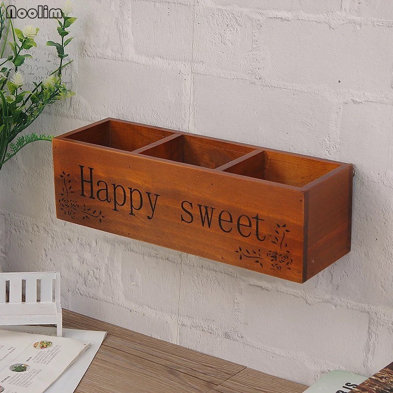 NOOLIM Retro Solid Wood TV Remote Control Storage Rack Sundries Storage Box Living Room Multi-grid Wall Hanging Wooden Holder: A