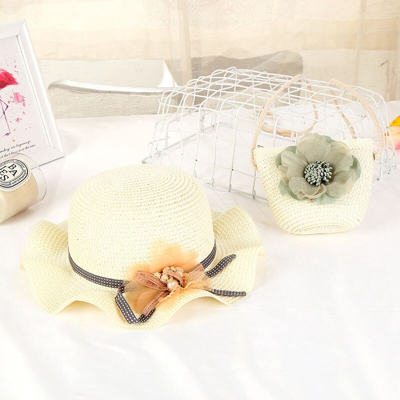 Women Girls Straw Sun Hat + Cute Flower Straw Shoulder Bag Set Summer Beach Kit -OPK