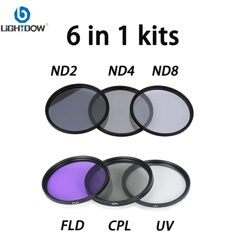 Filtro de lente de cámara Lightdow 6 en 1 Kits UV + CPL + FLD + ND 2 4 8 49mm 52 55 58 62 67 72 77 82 para lente de cámara Cannon Nikon