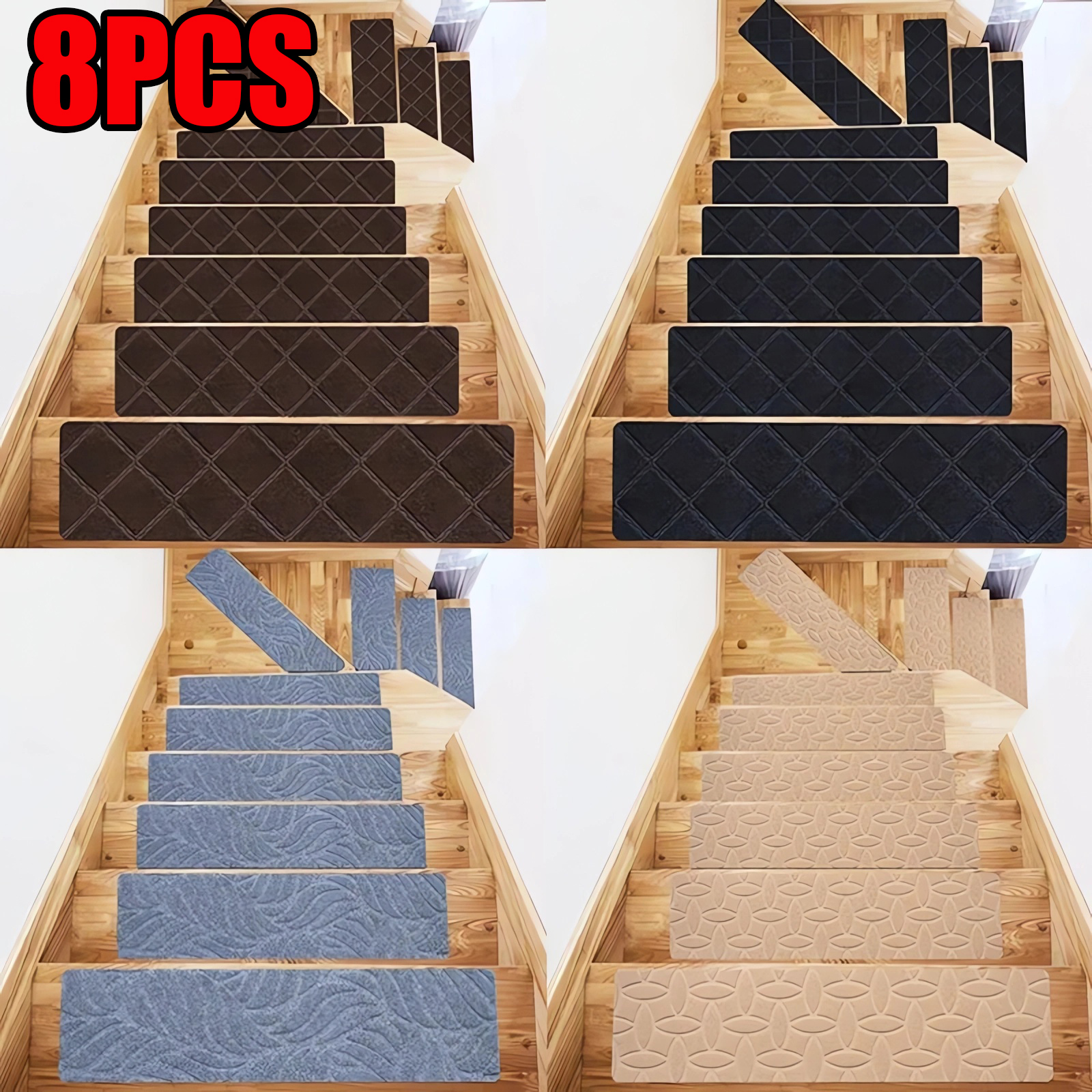 Polymères de bande de roulement auto-adhésifs doux pour la maison, tapis d'escalier, tapis de protection, non ald, motifs multiples, absorbant, 76x20.3cm, 8 pièces