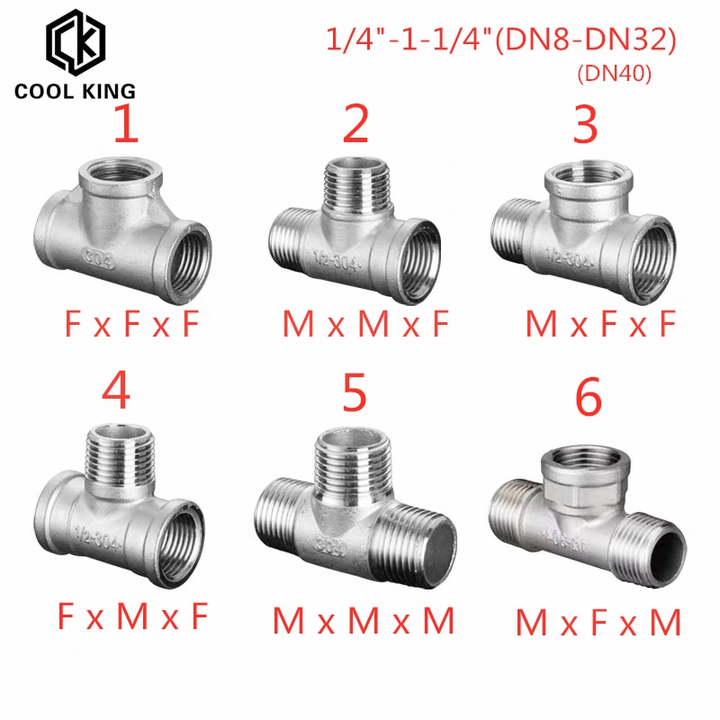 Dn8/dn15/dn25/dn32 han+han+hun gevind 3 -vejs tee t rørfitting 1/4 &quot; 1/2 &quot; 3/4 &quot; 1 &quot; 1-1/4 &quot; bsp gevind 304 rustfrit stål
