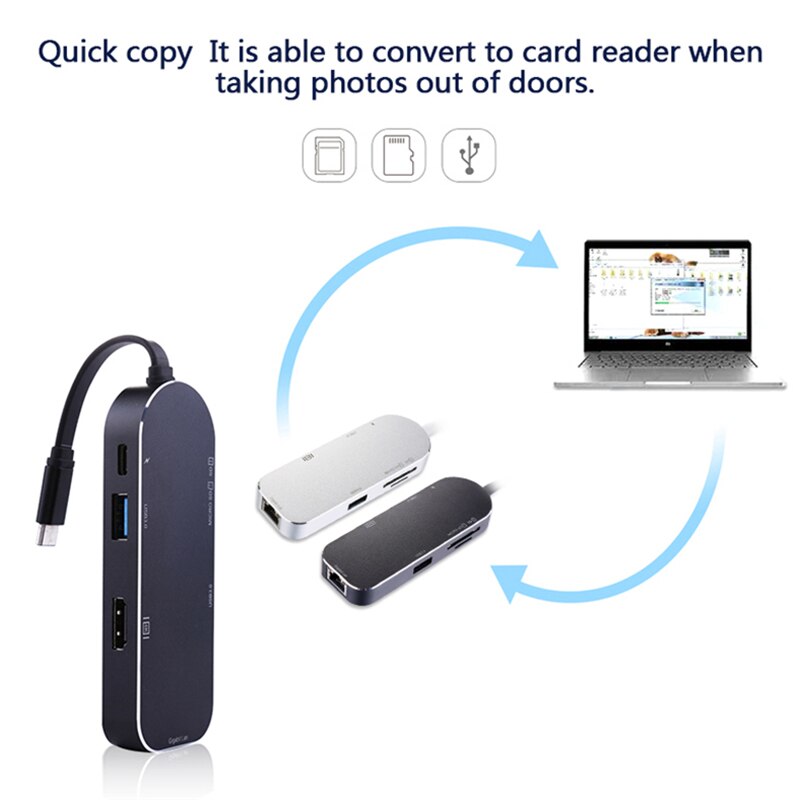 8-in-1 Type-c Hub Converting HDMI 4K + RJ45 Gigabit Ethernet + 3.0 HUB + SD/ TF Card Reader + PD Charging HUB for phone/computer