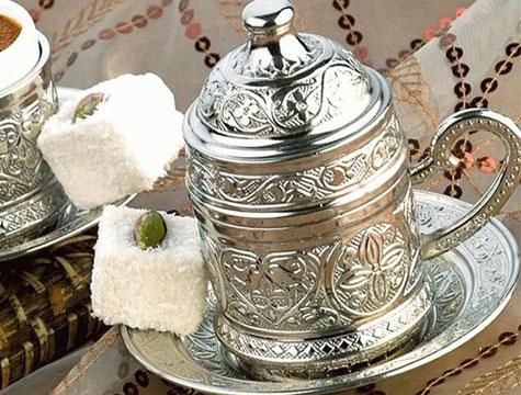 Ottoman Patroon Enkele Persoon Koper Turkse Koffie Set 4 Stuk Fijne Elegante Porselein Cup