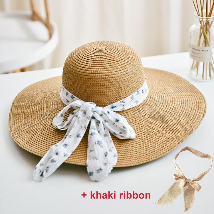 USPOP -chapeaux de soleil pour femmes, chapeau en paille, fait à la main, chapeau de plage à large bord, avec nœud papillon, ombre anti uv, été décontracté: Khaki 2